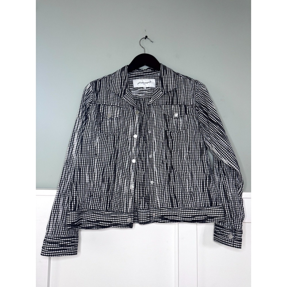 Foxcroft Thelma Crinkle Cotton Blend Jacket Women Petite 12P Black White Gingham